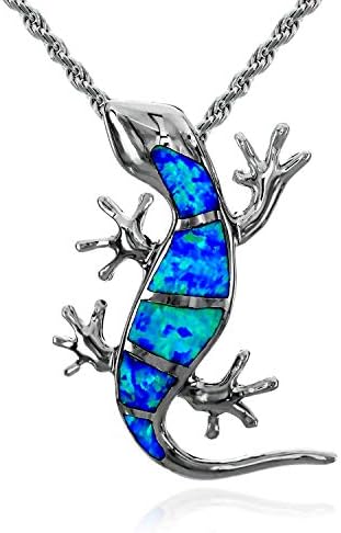 レイラニ ハワイアンジュエリー ブルーオパール ゲッコー(ヤモリ) ペンダント ネックレス メンズ シルバー925 (ロープチェーン60cm付)