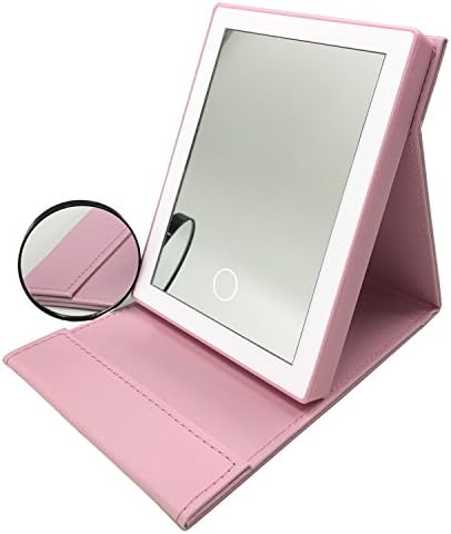 UPHAN Travel Lighted makeup mirror, with 5X Magnification PU Leather Foldable Portable Travel Desktop Cosmetic Mirror