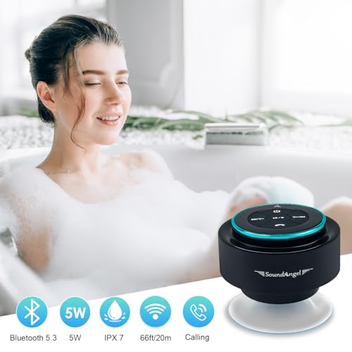 XLeader, Upgraded, Pro Shower Speaker, Certified IPX7 Waterproof Bluetooth Speaker with Suction Cup, Hook Clip, Built-in Mic, Crystal Sound&Rich Bass, up to 12H Playtime, Ideal Gifts - SoundAngel Mate