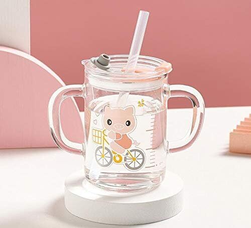 XGOPTS Cute Cartoon Milk Cup, Heat-Resistant Borosilicate Double Handle Leakproof Mug with Lids, Cute Scale Foaming Milk Powder Glass Cup for Home Kitchen