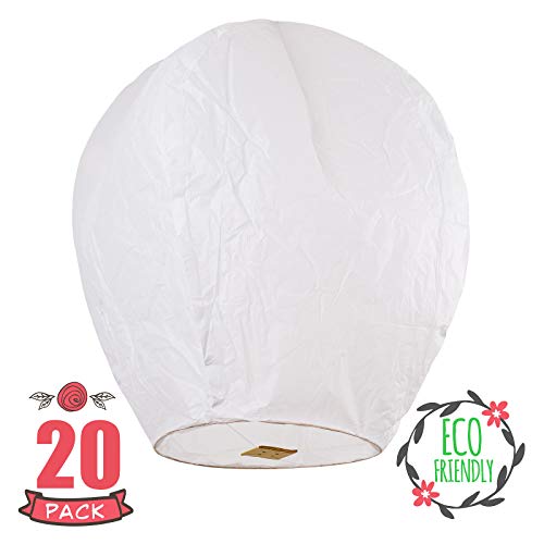 Sky High Fully assembled and Fully biodegradable Chinese lanterns, 20-pack, white