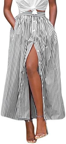 Offergood Women Casual Blue High Waist Stripes Button Front Slit Maxi Skirt