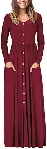 Women's V Neck Long Sleeve Casual Loose Button Maxi Dress with Pockets