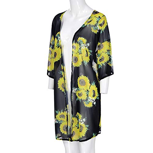 Women's Floral Print Sheer Chiffon Loose Kimono Cardigan Capes Black