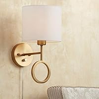 Amidon Wall Lamp Plug in Warm Brass Ring White Drum Shade for Bedroom Living Room Reading - 360 Lighting