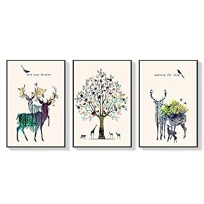 3 Piece Framed Canvas Wall Art for Living Room, Bedroom Abstract Deer Canvas Prints for Home Decoration Ready to Hang - 16"x24"x3 Panels