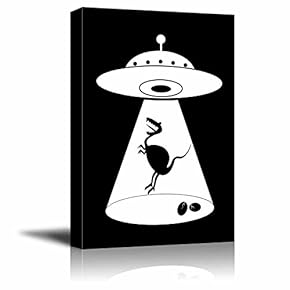 Canvas Wall Art - UFO Abduction of a Scared Dinosaur - Giclee Print Gallery Wrap Black and White Children