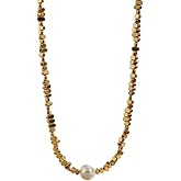 Elegant 18K Yellow Gold Plated over Stainless Steel Beaded Synthetic Pearl Necklace, Beach Boho Style Statement Jewelry for Women, 16-Inch Length with a 2-Inch Extension, Tarnish Resistant