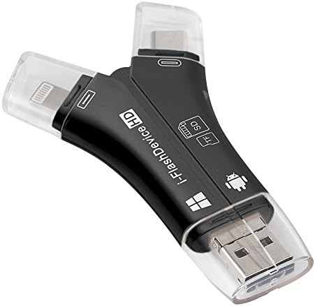 Card Reader, Jaremite SD/TF Card Reader Flash Device USB 2.0 Memory Card Reader Adapter with Lighting, Type-C, Micro USB, USB Connector 4 in 1 for iPhone, iPad, Windows, Mac - Black (Black)
