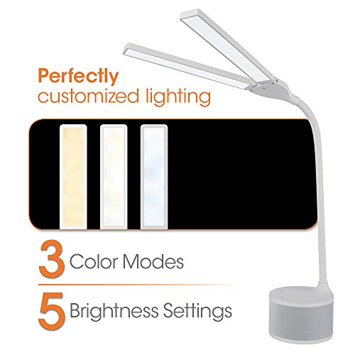 OttLite LED Dual Head Desk Lamp with Bluetooth Speaker Charging USB