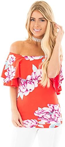 Women's Summer Off Shoulder Tops Floral Printed Short Sleeve Tshirts (S, Red)