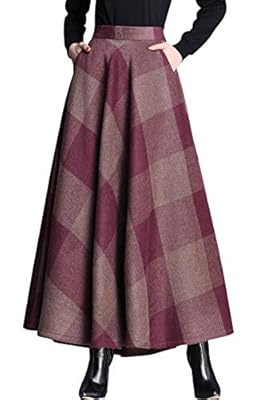 chouyatou Women's Retro High Waist A-Line Swing Plaid Maxi Wool Skater Skirt Hand Pocket