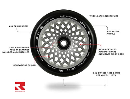 Root Industries 110mm Lotus Stunt Trick Scooter Wheels (Pair) - Wide Fast Hollowcore - Kick Push Scooter Tires - Pro 110mm Freestyle Urethane - Fit Most Setups - 30mm x 110mm - Bearings (Raw)