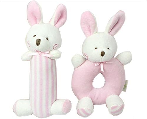 Godr Baby Rattle Plush Soft Toys, 2pcs Soft Rattle and Squeaker Set Newborn Christmas Gifts Toys for Girl Boy 5.6in4in (Pink Rabbits Bunny &amp; Blue Bear) -Stuffed Animal for Infant Twins (Bunny)