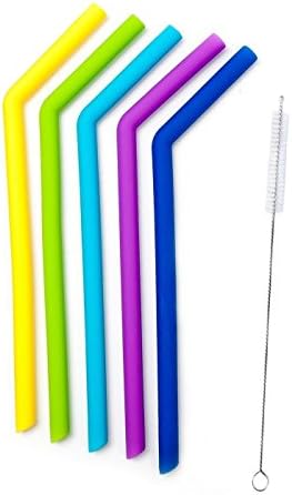 10" Heavy-Gauge Silicone Reusable Drinking Straws with Hygienic Brush, Set of 5