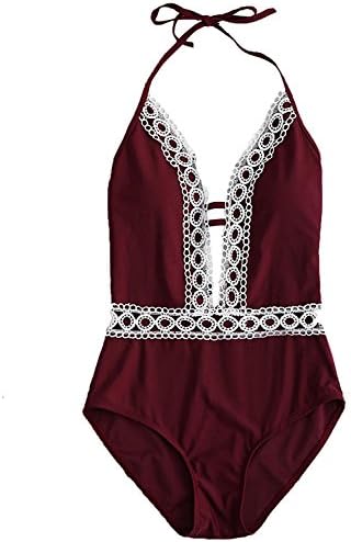 Womens One Piece Floral Lace Halter Push-up Padded Monokini Deep V Halter Monokini Swimsuit (L, Wine Red)