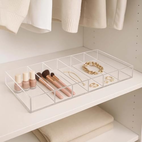 Akria Design Organizador Porta Óculos e Joias em Acrílico Cristal, Bandeja com 6 Compartimentos, 36cmx18 cm x 3 mm