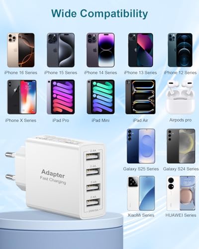 USB Charger, 4 Ports 25W/5A Plug U-SB Multiple Mobile Charger Fast Charging C-argador USB Multiple Fast Charger Carregador for iPhone 17/16/15/14/13/12/11/X/8, Samsung S25/S23/S22, Xiaomi
