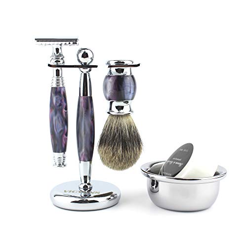 VICYUNS Luxury Grooming Shaving Set for Men Including Double-sided Razor, Allergy Shaving Soap, Stainless Steel Mirror Bowl, Hair Shaving Brush,10 Replacement Blades (Purple)