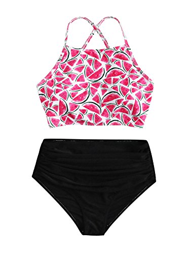 SOLYHUX Women's Floral Top High Waist Bottom Padding Bikini Set Pink M