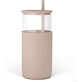 SANDJEST Glass Tumbler with Straw and Lid, Glass Water Bottle with Silicone Sleeve 20oz, Smoothie, Iced Coffee Cup, Gifts for Women Teen Girls Birthday Christmas (Light Brown)