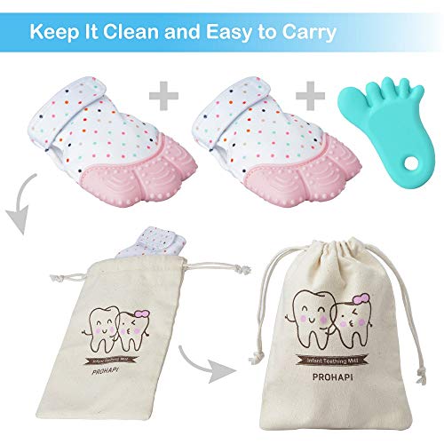 Prohapi Silicone Baby Teething Mitten, Self Soothing Teether & Teething Pain Relief Toy Glove Plus Hygienic Travel Storage Pouch - Natural Remedy for Infants & Toddlers 3-6 Months (Pink 2-Pack) - Thumbnail 7