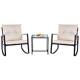 SUNLEI Outdoor 3-Piece Rocking Bistro Set Black Wicker Furniture-Two Chairs with Glass Coffee Table (Beige Cushion)