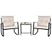 SUNLEI Outdoor 3-Piece Rocking Bistro Set Black Wicker Furniture-Two Chairs with Glass Coffee Table (Beige Cushion)