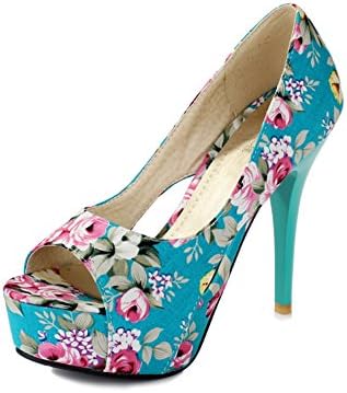 Lucksender Womens Floral Fabric Peep Toe Platform High Stiletto Heel Pumps Shoes 6B(M)US Blue