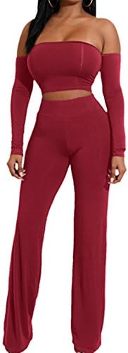 AVINE Womens Sexy High Waist Wide Leg Two Pieces Jumpsuit Bandeau Top Flared Trousers Pants (Medium, Long Sleeve-Wine Red)