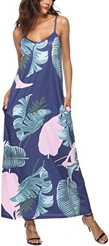 PORALA Womens Summer V Neck Floral Print Spaghetti Strap Boho Beach Maxi Dress with Pockets