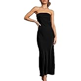 Realtix Satin Silk Backless Tube Tops Maxi Dress for Women Low Back Hollow Out Elegant Strapless Long Dresses Wedding Guest