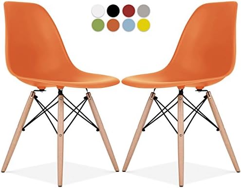 Eames Style Chair by La Valley - Set Of 2 - Mid Century Modern Eames Molded Shell Chair with Dowel Wood Eiffel Legs - for Dining Room, Reception Room, Lounge - Easy-Assemble &amp; Clean - Orange