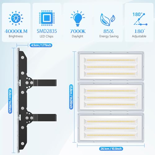 YIQIBRO Outdoor LED Spotlight 300W 2 Pieces, IP67 Waterproof 3 in 1 Outdoor LED Floodlight, 30000LM 7000K 315 LEDs Outdoor LED Light for Terrace Garden Garage Factory Stadium