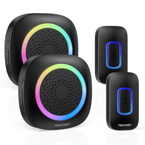 TECKNET Wireless Doorbell with Batteries, RGB Wireless Doorbell Outdoor Waterproof IP66 with 2 Receivers, 400M Range, 5 Volume Levels and 60 Melodies for Home, Hotel, Office, Emergency