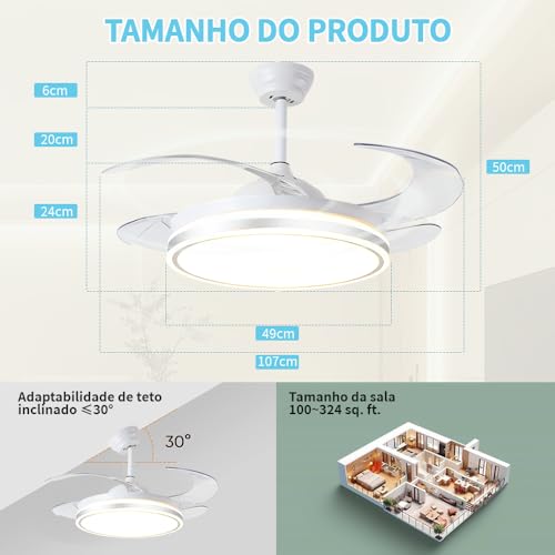 Ventilador de Teto 107CM Branco, Inverter de 6 Velocidades, Ventilador de Teto com Controle Remoto, 4 Pás, Diâmetro da Lâmpada 49cm, Controle Remoto, LED 72W 3 Cores Altermáveis