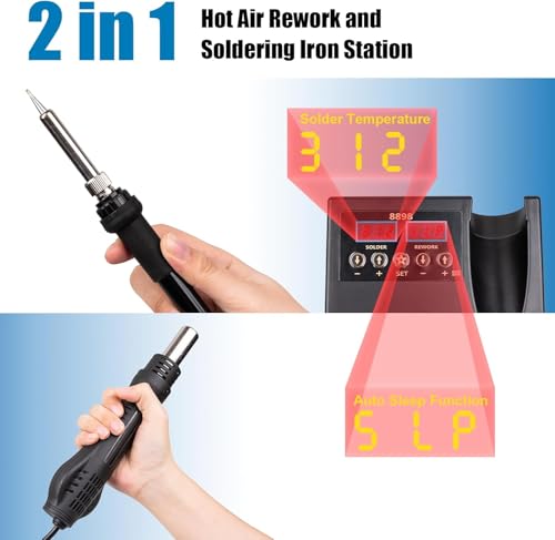 Ctoby 2 in 1 Hot Wind Gun Solder Iron SMD Rework Soldering Station Kit 700W/220V Tabletop Hot Wind Gun Tin Solder Iron Working Soldering Station with Dual LCD Digital Display 11pcs