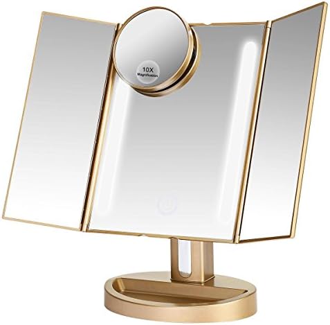 ASSIS Led Lighted Makeup Mirror with 10X Magnifying, Natural LED, Touch Screen and Auto Off Dual Power Supply, 180°Adjustable, Portable Compact Travel Trifold Vanity Mirror (Luxury Gold)