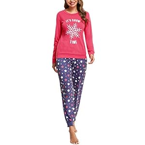 Doaraha Conjunto de Pijamas de Algodón para Mujer Camiseta y Pantalones Estrellas Copo de Nieve Ropa de Dormir de Manga Larga Suave Cómodo Loungewear