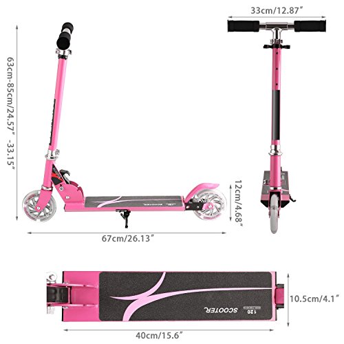 Foldable Kick Scooter for Kids Smooth & Safety - 2 LED Light Up Wheels - Minimizes Noise + Vibration - Height Adjustable Perfect Gift for Child (Pink)