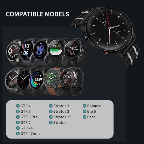 Suuira Band Compatible with Amazfit GTR 4/3 / 3 Pro / 2 / 2e / Stratos 2 / 2S / 3, Stainless Steel Replacement Strap Compatible with Amazfit Bip 5 / Balance (Black/Silver)