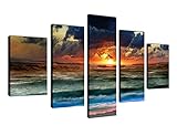 Canvas Wall Art Waves Sunset with Flying Sea Gulls Pictures Framed Ready to Hang - 5 Pieces Extra Large Contemporary Ocean Painting Seascape Canvas Artwork for Home Decoration