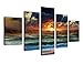 Canvas Wall Art Waves Sunset with Flying Sea Gulls Pictures Framed Ready to Hang - 5 Pieces Extra Large Contemporary Ocean Painting Seascape Canvas Artwork for Home Decoration