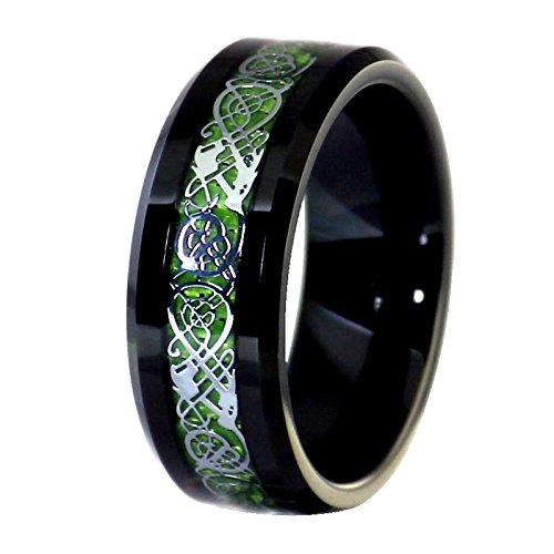 Fantasy Forge Jewelry Black Tungsten Green Carbon Fiber Celtic Dragon Ring