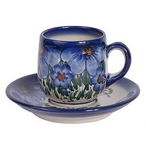 Traditional Polish Pottery, Handcrafted Ceramic Espresso Cup and Saucer 100ml, Boleslawiec Style Pattern, F.301.CREDO