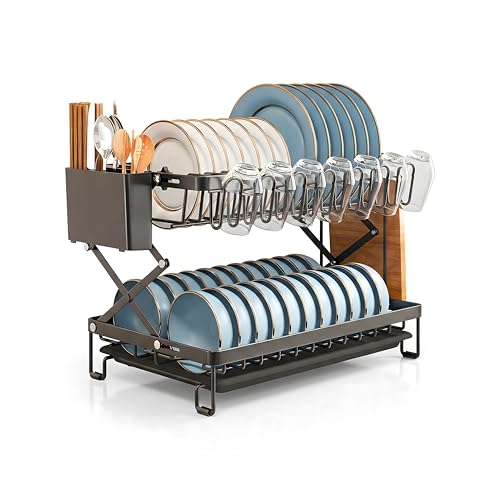 Beauenty 2 Tier Dish Drying Rack, With Drip Tray And Folding Design, Large Capacity Kitchen Dish Drainer For Small Kitchens, 42cm(Black)