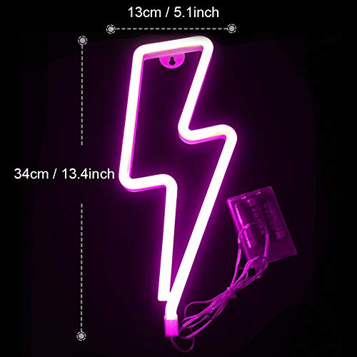 XIYUNTE Lightning Bolt Neon Light Pink Signs Wall Decor, LED Night Lights Room Decor Battery or USB Powered Neon Light Signs Light up Lightning Lamps for Kids Room,Christmas,Bar,Festive Party
