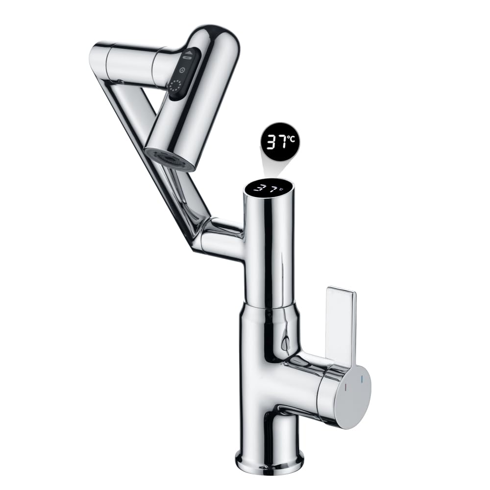 Temperature Bathroom taps,2 Sprays,No Electrical Temperature Display Single Handle Bathroom taps,Bathroom Sink taps (Temperature Display, Chrome)