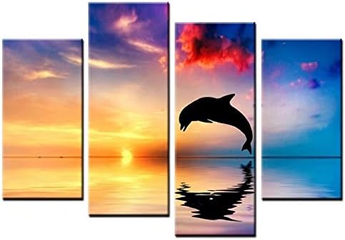 SimonfineUs Canvas Prints Art Animal Map Jumping Dolphins Sunset Seascape Wall Art Canvas Painting Print For Home Decoration 4 Panels