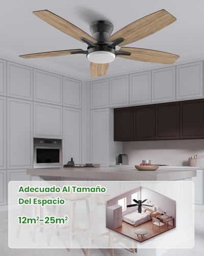 Airwit Ventilador de Techo con Luz de 107cm, 42 Inch Ceiling Fan, Abanicos de Techo Montaje Empotrado con Control Remoto, 6 Velocidades, Luz LED de 3 Colores, 5 Cuchillas, Motor CC Reversible, Negro